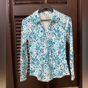 Jofit Blue & White Floral Zip-Front Long Sleeve Polo